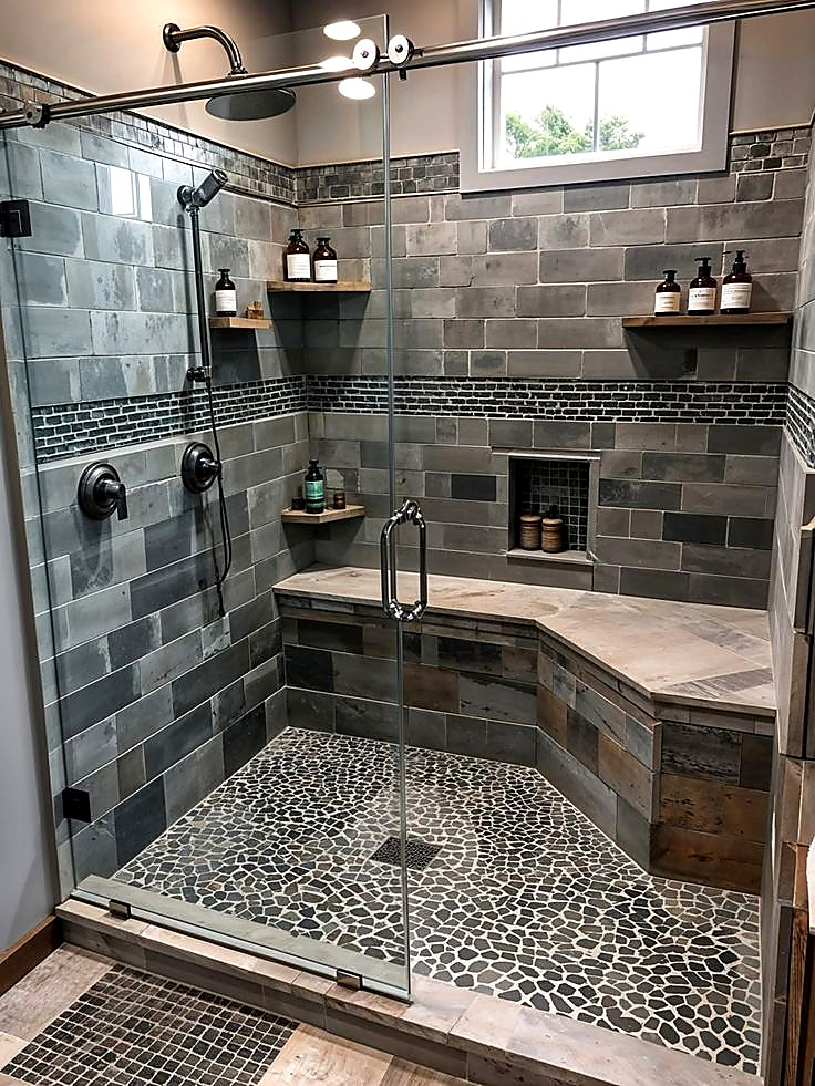 Luxury cabin bathroom with slate tile walk-in shower and wood shelving