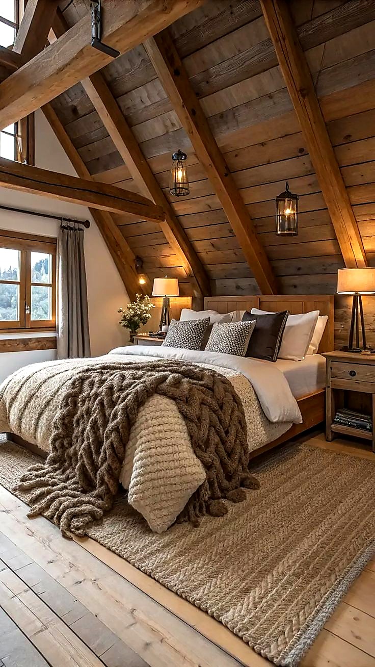 Cabin master bedroom with wood beam ceiling and cozy linen bedding