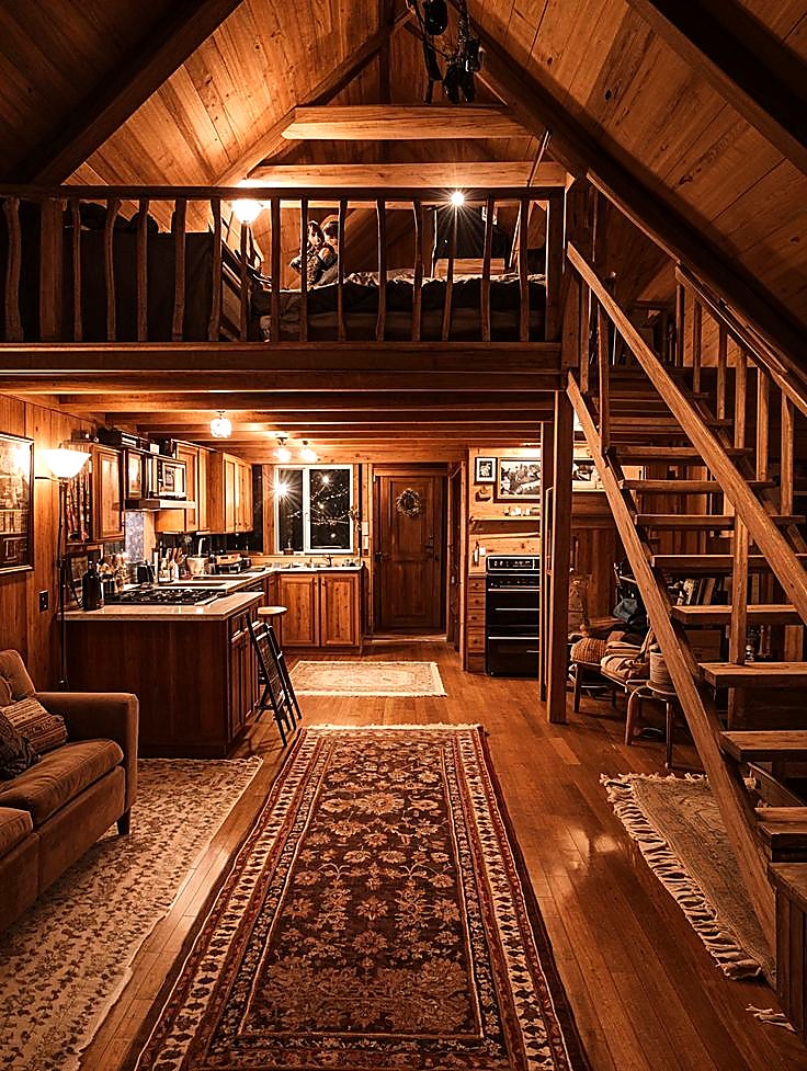 Warm cabin interior with loft, open kitchen and wood staircase