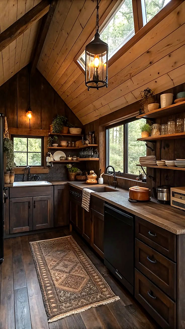 Rustic cabin kitchen with dark wood cabinets and lantern pendant light