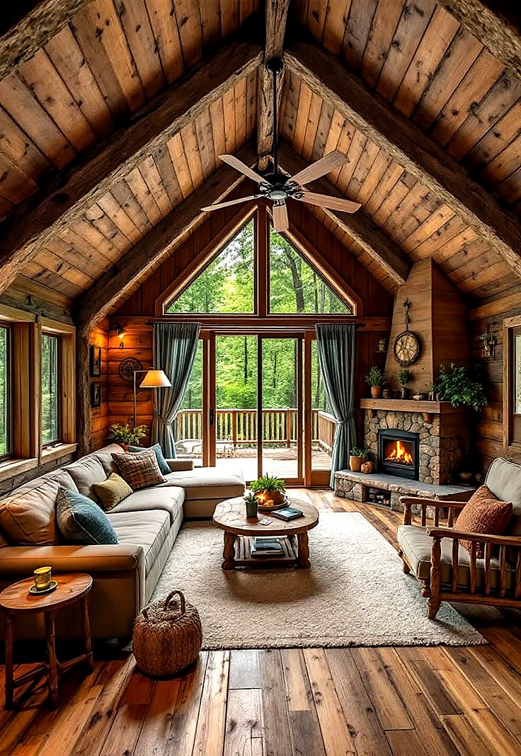 Cozy cabin living room with vaulted wood ceiling, fireplace and forest views
